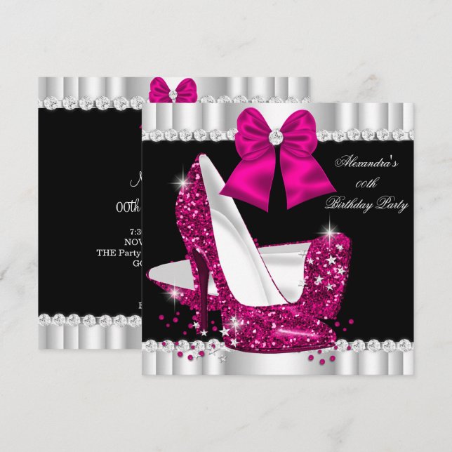 Convite Saltos Altos Elegantes com Brilho Rosa Fundo Glamo (Frente/Verso)