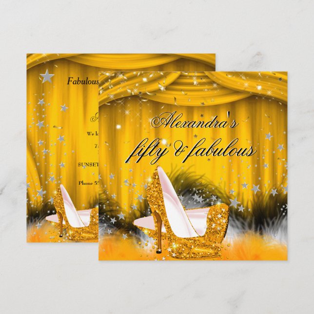 Convite Saltos Altos Laranja Dourado 50 Fabulosos para Fes (Frente/Verso)