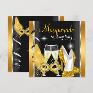 Convite Saltos Altos Masquerade Dourado Preto Champanhe Fe