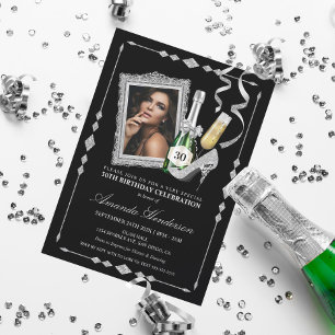 Convite Saltos Altos Prateados e Champanhe Aniversário de 