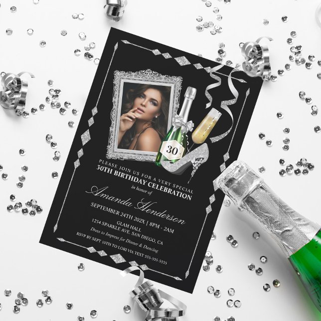 Convite Saltos Altos Prateados e Champanhe Aniversário de  (Criador carregado)