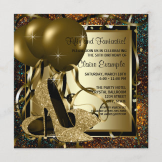 Convite Saltos Altos Preto Dourado Festa de Aniversário da