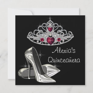 Convite Saltos Altos Pretos e Brancos Quinceanera Vermelha
