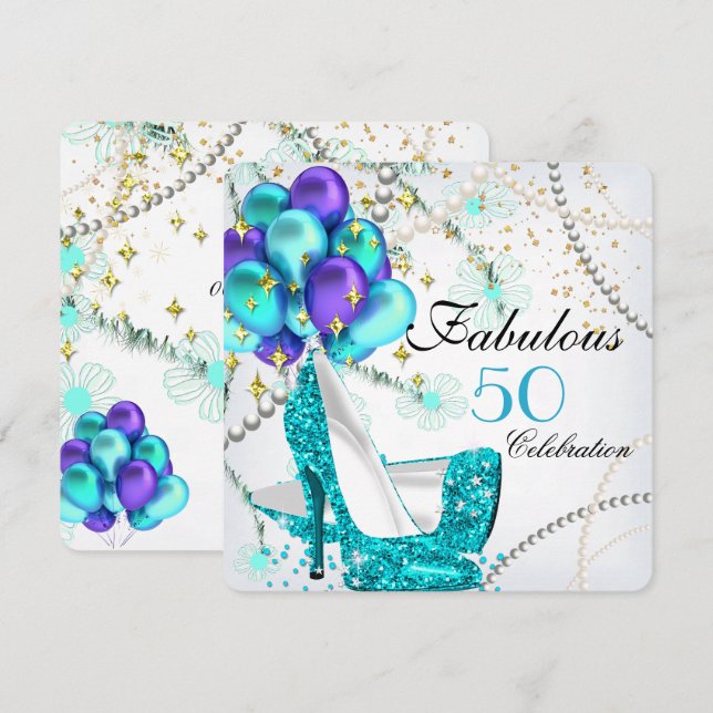 Convite Saltos Altos Teal Azul Fabulosos 50 Flores Anivers (Frente/Verso)
