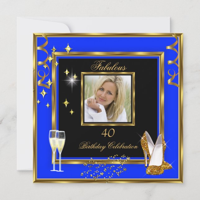 Convite Saltos Champagne Azul Dourado Fabulosos 40 (Frente)
