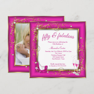 Convite Saltos Champagne Dourado Fabuloso Rosa Festa 50 Fo