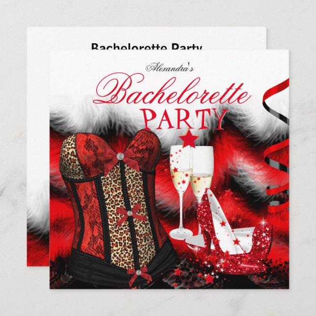 Convite Saltos de Champanhe Vermelho de Pena de Bacheloret (Frente/Verso)