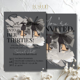 Convite Saltos Pretos e Fita Aniversário Elegante Trinta