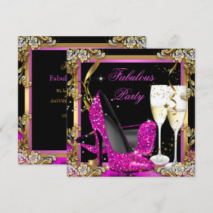 Convite Saltos Rosa Dourado Preto Fabuloso Champanhe Festa