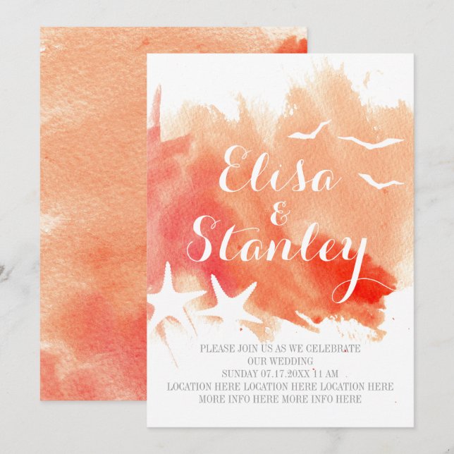 Convite Salva de coral, casamento de praia de peixe estrel (Frente/Verso)