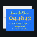 Convite Salvar a data azul e amarelo<br><div class="desc">Avise seus hóspedes sobre seu dia especial!</div>