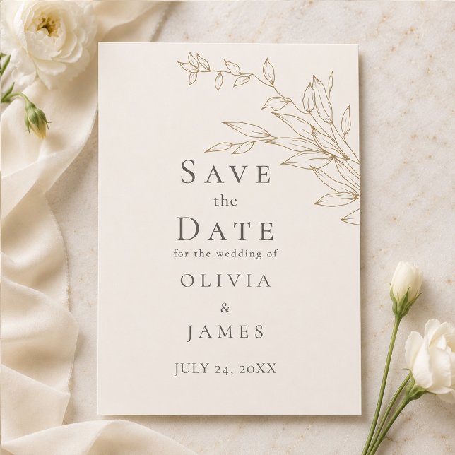 Convite Salvar a Data Botânico em Marfim e Ouro Antigo (Ivory & Antique Gold Botanical Save the Date Invitation on an elegant table with flowers)
