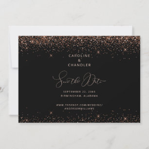 Convite Salvar a Data com Brilho Preto e Bronze Glam