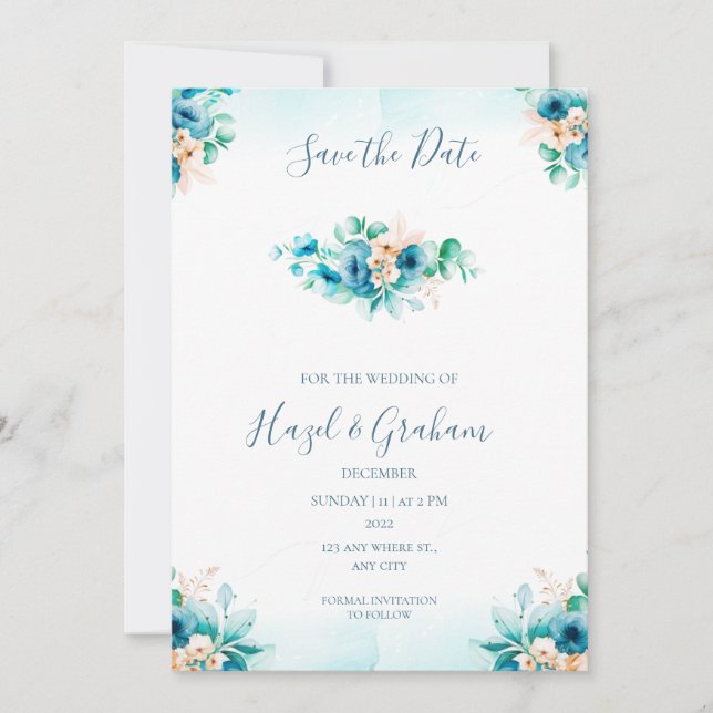 Convite Salvar a Data de Casamento Azul-Piscina (Frente)