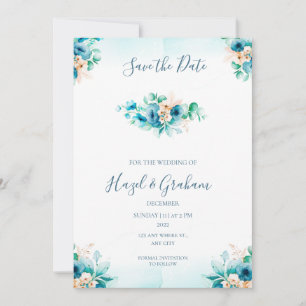 Convite Salvar a Data de Casamento Azul-Piscina