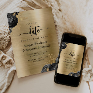 Convite Salvar a Data de Casamento Floral Preto Dourado Gl