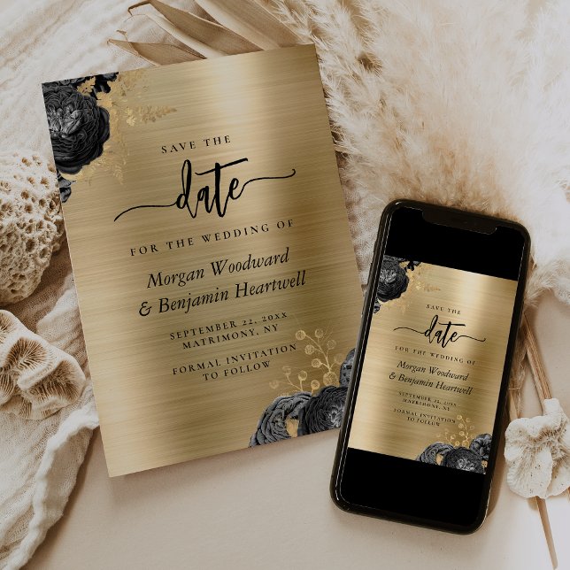 Convite Salvar a Data de Casamento Floral Preto Dourado Gl (Criador carregado)