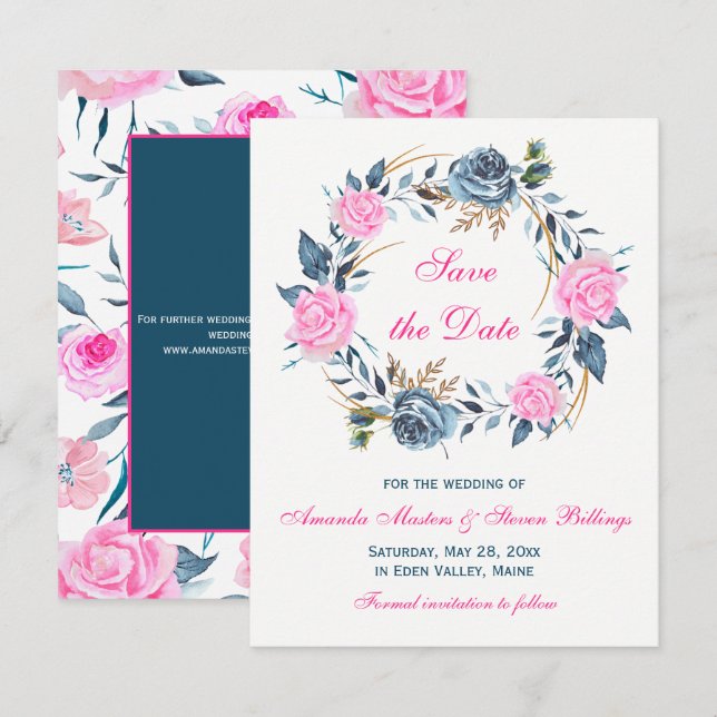 Convite Salvar a Data de Casamento - Rosas Rosa e Azul (Frente/Verso)