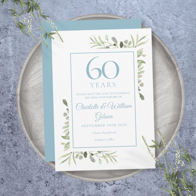 Convite Salvar a Data do Aniversário de 60 anos Floral Ver (Greenery Floral 60th Anniversary Save the Date Invitation)