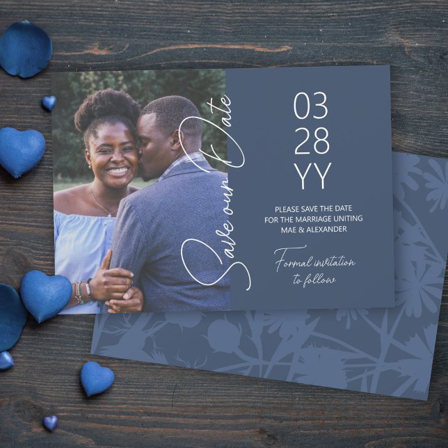 Convite Salvar a data do casamento azul-cinza (slate blue anchor navy grey save the date cards, simple minimalistic elegant script save our date)