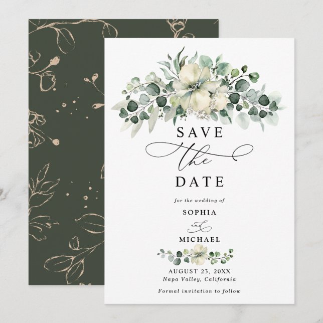 Convite Salvar a Data do Casamento com Eucalipto Verde (Frente/Verso)