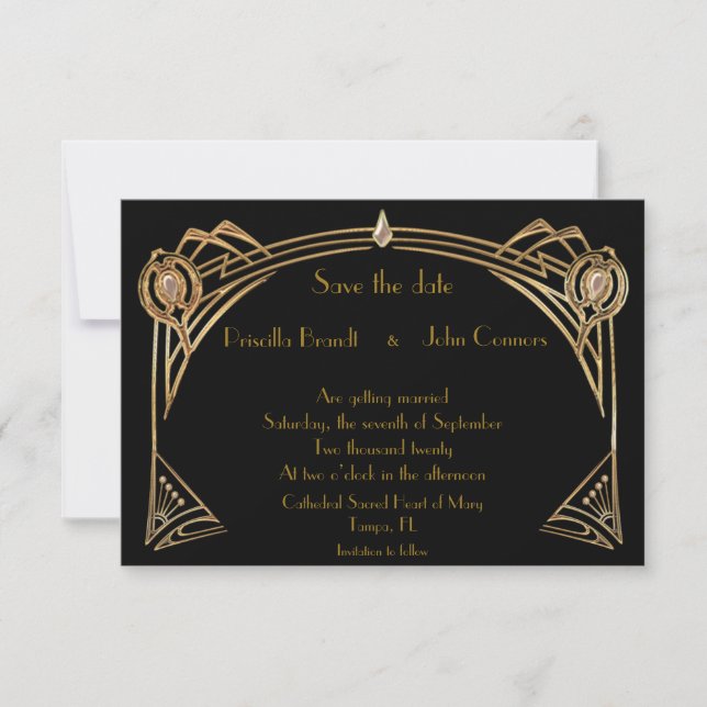 Convite Salvar a Data do Casamento, great-Gatsby, preto &  (Frente)