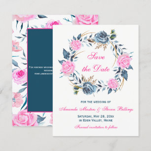 Convite Salvar a Data do Casamento - Rosas Rosa, Azul