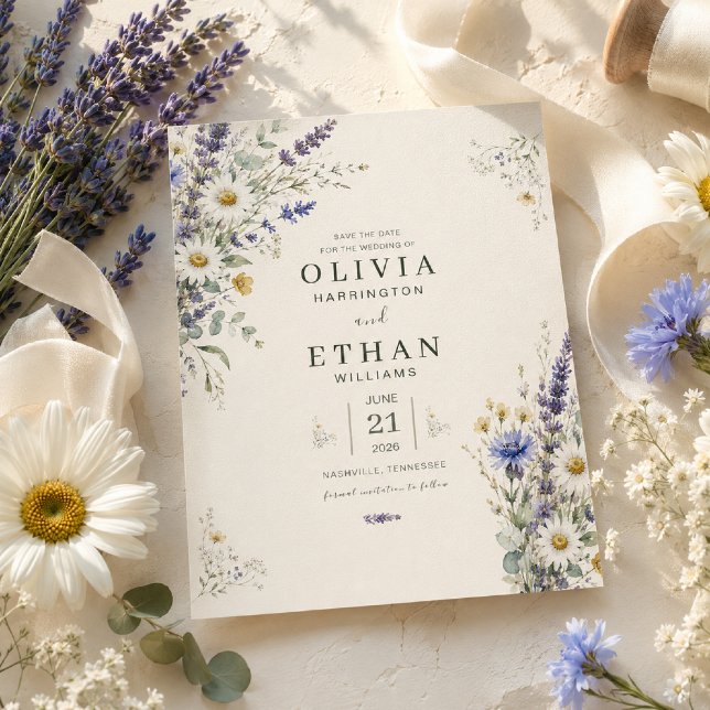 Convite Salvar a Data do Prado de Flores Silvestres (Elegant Save the Date styled with fresh wildflowers and soft natural light.)