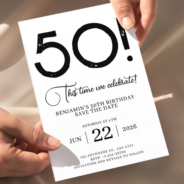 Convite Salvar a Data em Preto e Branco para 50º Aniversár (50th Birthday Invitation, Minimal Black Save the Date, Editable Birthday Invite, Milestone Party Inv)