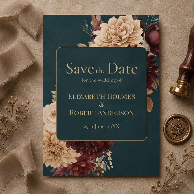 Convite Salvar a Data Floral Gótico em Azul Escuro (Dark Teal Floral Gothic Save the Date Invitation)