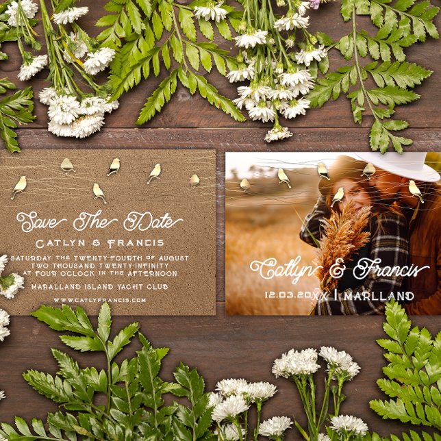 Convite Salvar a data Foto Dourada Kraft Black Birds Digit (Save The Date Photo Gold Kraft Black Birds Digital Invitation)