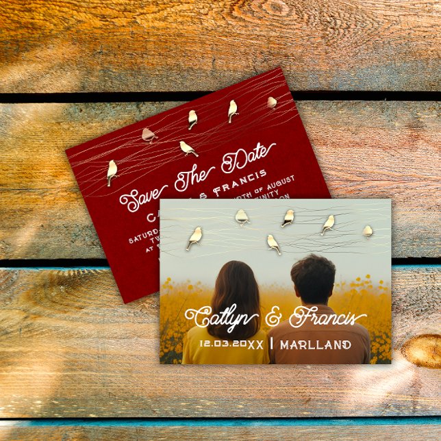 Convite Salvar a data Foto Dourada Kraft BurgundyBirdDigit (Save The Date Photo Gold Kraft BurgundyBirdDigital Invitation)