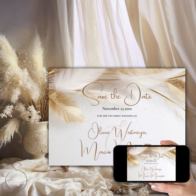 Convite Salvar a data | Pampas Douradas Elegantes da Boêmi (Elegant Boho Pampas Grass  Save the date - available as printed cards  or digital or both )