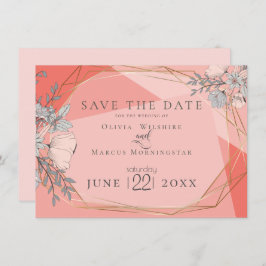 Convite Salvar a data | Quadro Dourado Floral Trendy Coral