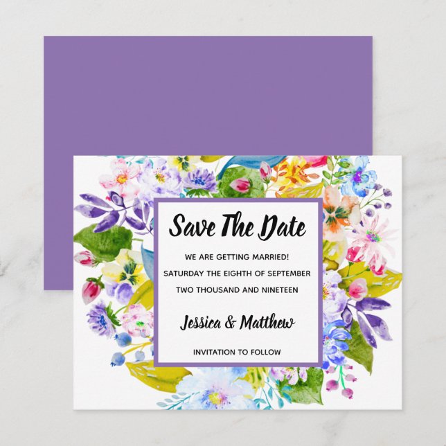 Convite Salvar a Data Romântico Floral Roxo (Frente/Verso)