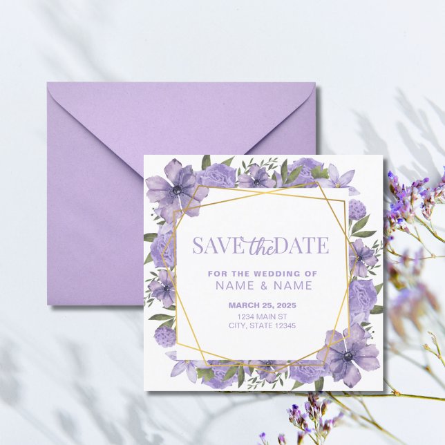 Convite Salvar a Lavanda Casamento Floral Dourado Roxo (Criador carregado)