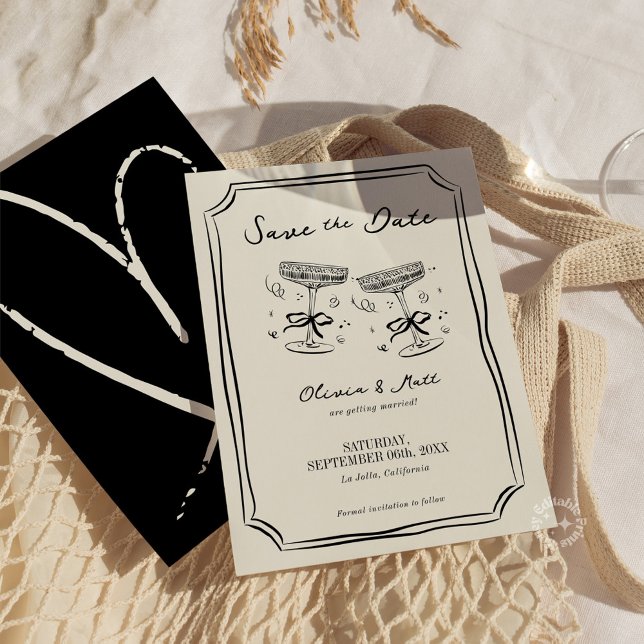 Convite Salvar Data Caprichoso Champanhe Aplaudindo  (champagne save the date, whimsical save the date, champagne cheers invitation, playful wedding invit)