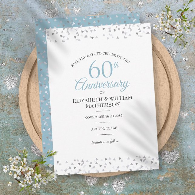 Convite Salvar data comemorativa de 60 anos com corações e (60th Anniversary Save the Date Hearts Confetti Invitation)