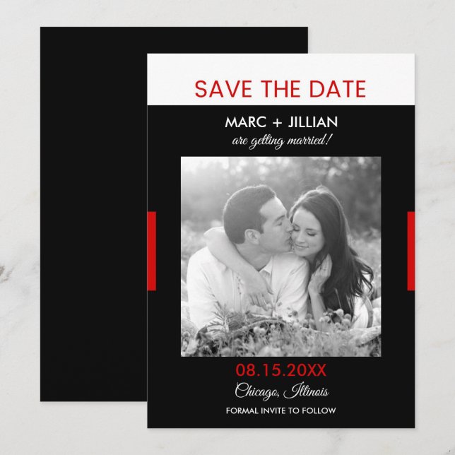 Convite Salvar data de casamento moderno em preto e vermel (Frente/Verso)
