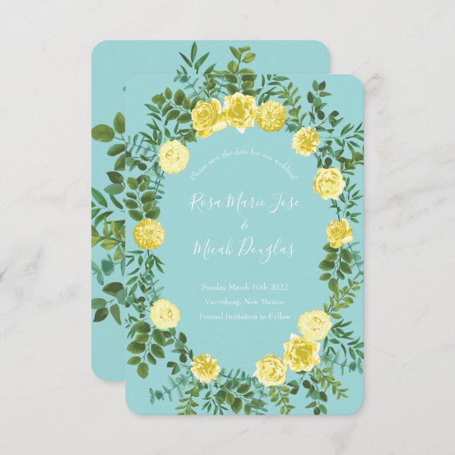 Convite Salvar Data de Casamento Rosa Água Teal e Amarelo  (Frente/Verso)