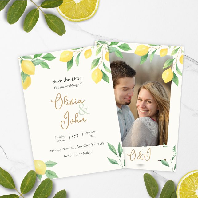 Convite Salvar data de greenery de limão cítrico com foto (Save the Date Citrus Green Wedding Card)