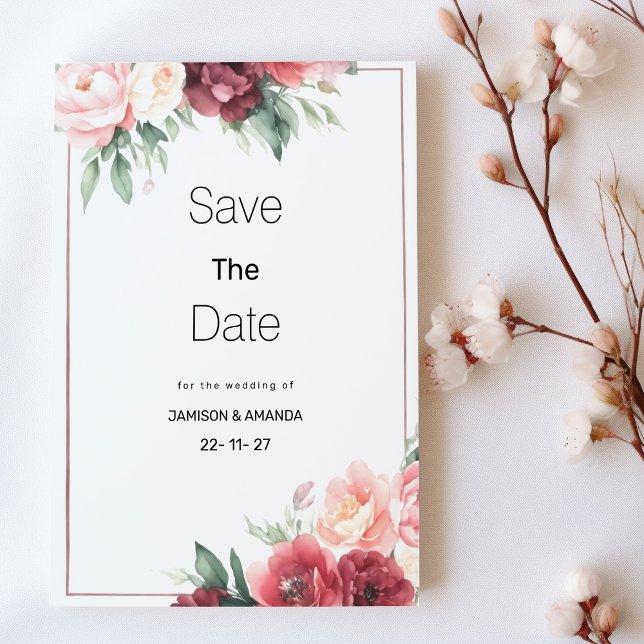 Convite Salvar data em rosa menta burgundy com floral em a (Mint pink burgundy watercolor floral Save The Date )