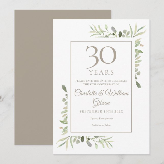 Convite Salve a data 30 de casamento Greenery (Frente/Verso)