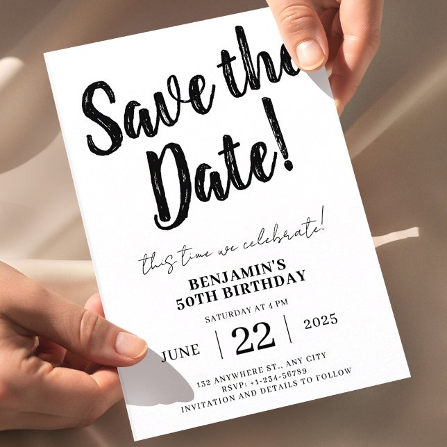 Convite Salve a Data 50º Aniversário  (50th Birthday Save the Date, Minimal Black and White Invitation, Modern Birthday Invite, Editable Bi)