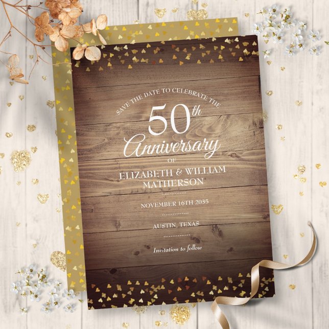 Convite Salve a Data 50º Aniversário Corações Rústicos Dou (Save the Date 50th Anniversary Rustic Gold Hearts Invitation)