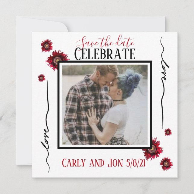 Convite Salve a data Amor e flores vermelhas (Frente)