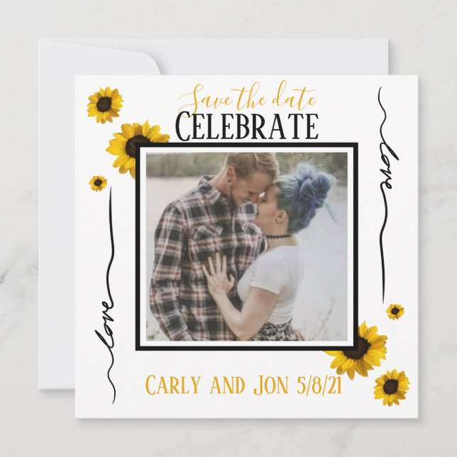 Convite Salve a data Amor e ouro girassóis (Frente)