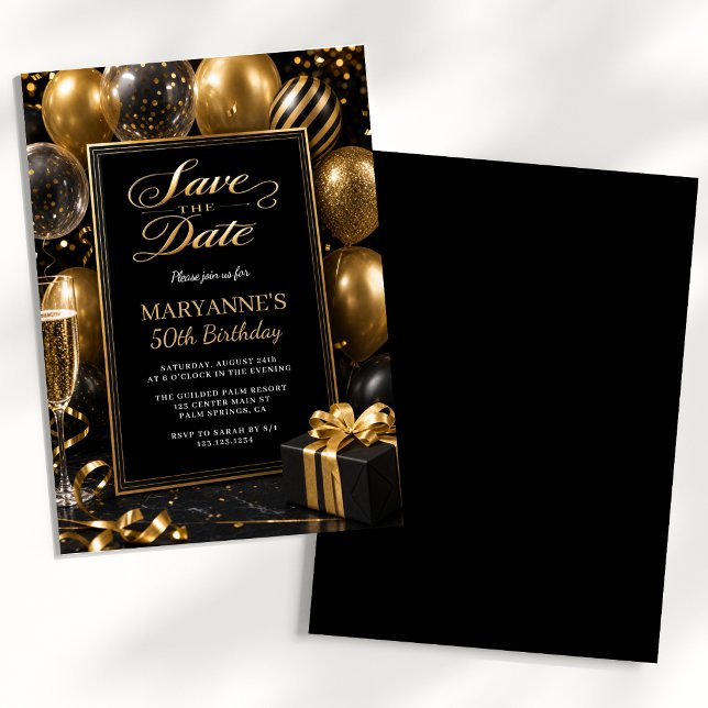 Convite Salve a Data Aniversário de 50 anos Black Gold (Criador carregado)