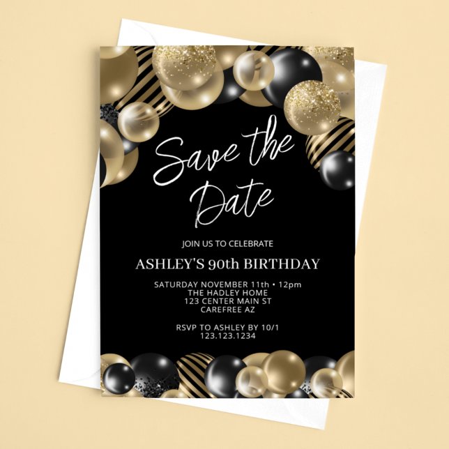 Convite Salve a Data Aniversário de 90 anos Black Gold (Criador carregado)