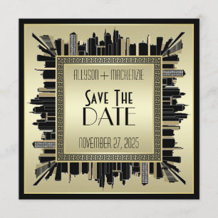 Convite Salve a data Art Deco Champagne Dourado Gatsby Gla